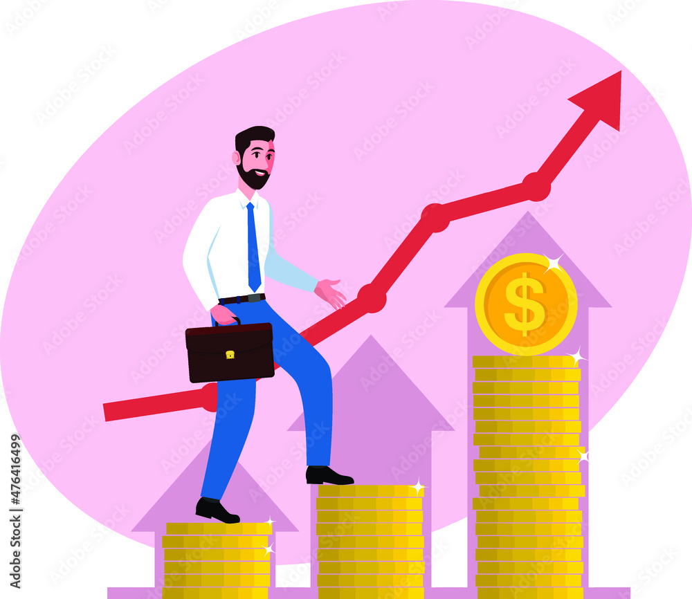 The businessman is climbing up the rising performance chart. The concept of the growth of profits of an enterprise, a firm. Stock vector illustration The businessman is climbing up the rising performance chart. The concept of the growth of profits of an enterprise, a firm. Stock vector illustration