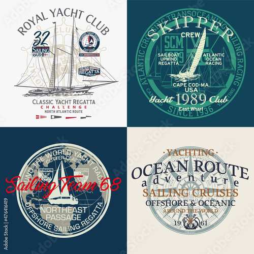 Vintage yacht club sailing team vector collection of nautical prints for boy t shirt