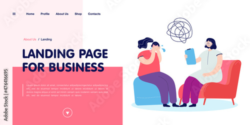 Woman crying at therapy session. Psychologist listening to depressed female character flat vector illustration. Mental health, psychology concept for banner, website design or landing web page