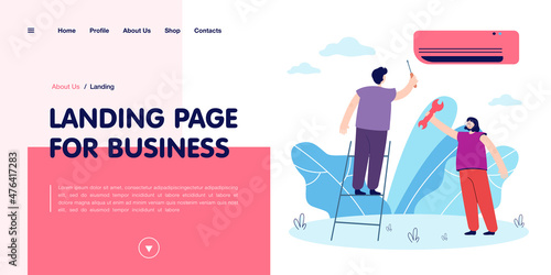 Man and woman repairing air conditioning system. Two characters fixing broken conditioner, holding wrench, standing on ladder, communicating. Repairing concept for banner, website or landing page