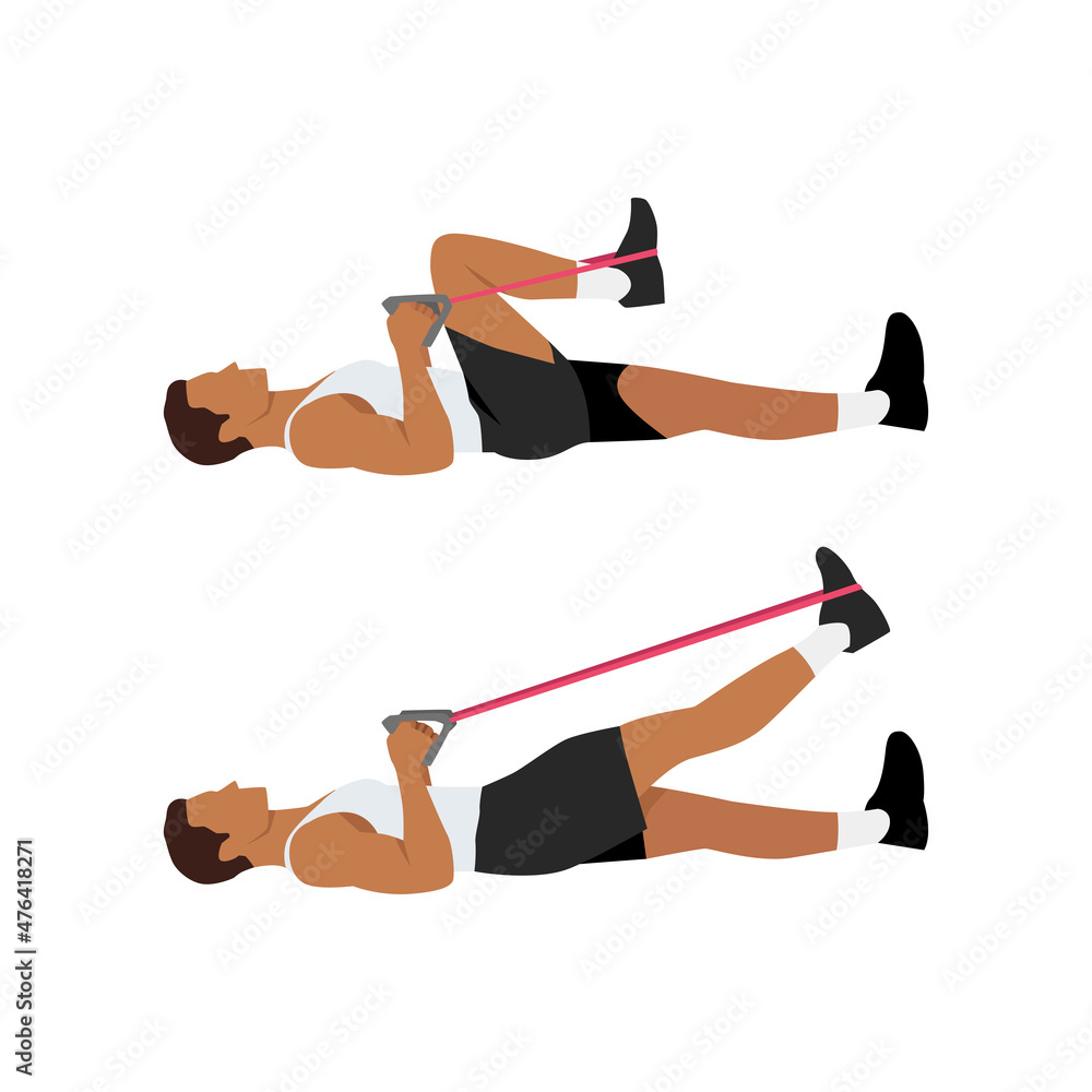 Vetor de Man doing Resistance band lying leg extensions exercise. Flat  vector illustration isolated on white background do Stock