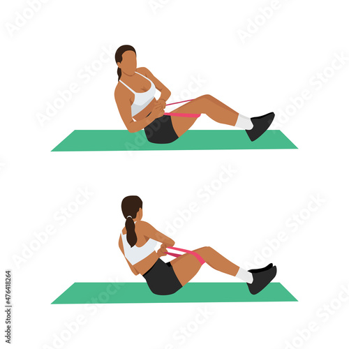 Woman doing Russian twist resistance band exercise. Flat vector illustration isolated on white background