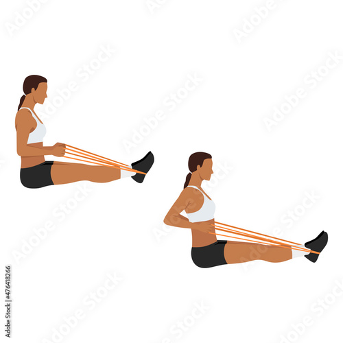 Woman doing Band seated row exercise. Flat vector illustration isolated on white background