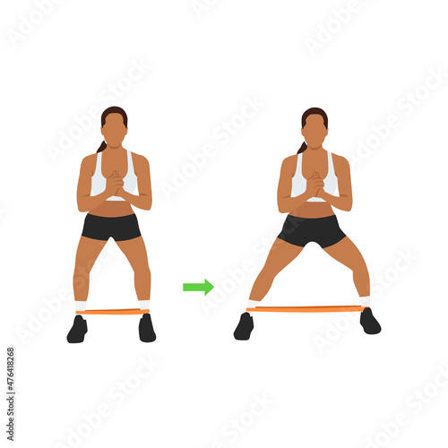 Woman doing Lateral banded walk. Side walk with resistance band exercise. Flat vector illustration isolated on white background
