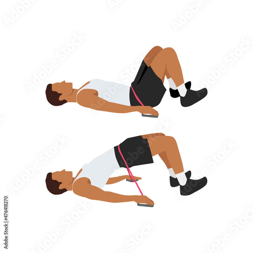 Man doing Resistance band glute bridges exercise. Flat vector illustration isolated on white background