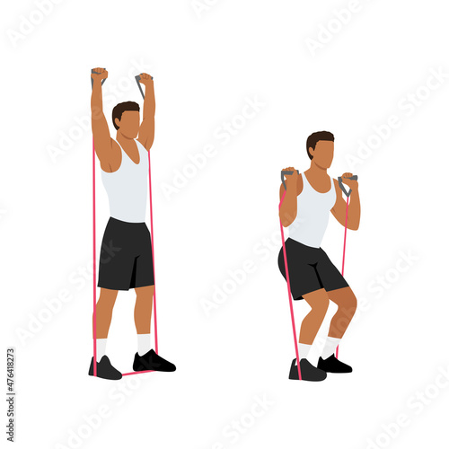 Man doing Resistance band squat and overhead press exercise. Flat vector illustration isolated on white background