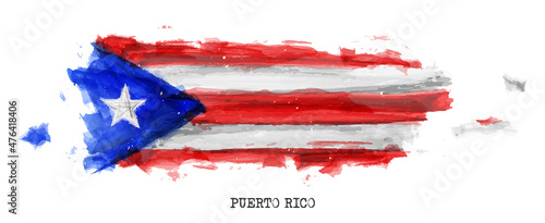 Puerto rico flag and map watercolor painting design . Realistic drawing country shape . White isolated background . Vector .