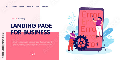 Tiny people fixing phone application errors. Female character with screwdriver on ladder, woman with gear flat vector illustration. Software development, programming concept for banner, website design
