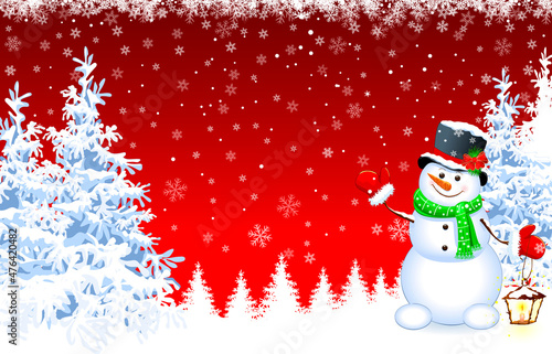 Cute snowman in a snowy forest. Snowman in a hat against the background of snow-covered Christmas trees. Snowman on a red winter background. Greeting card for Christmas and New Year © Oleg Lytvynenko