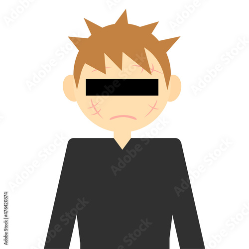 犯罪を犯した未成年のプライバシー保護のために目隠し線を入れた男性のイラスト。