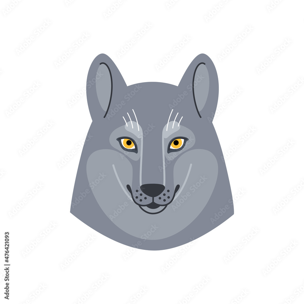 Obraz premium Illustration of wolf head, cute animal character. Vector print in cartoon style.