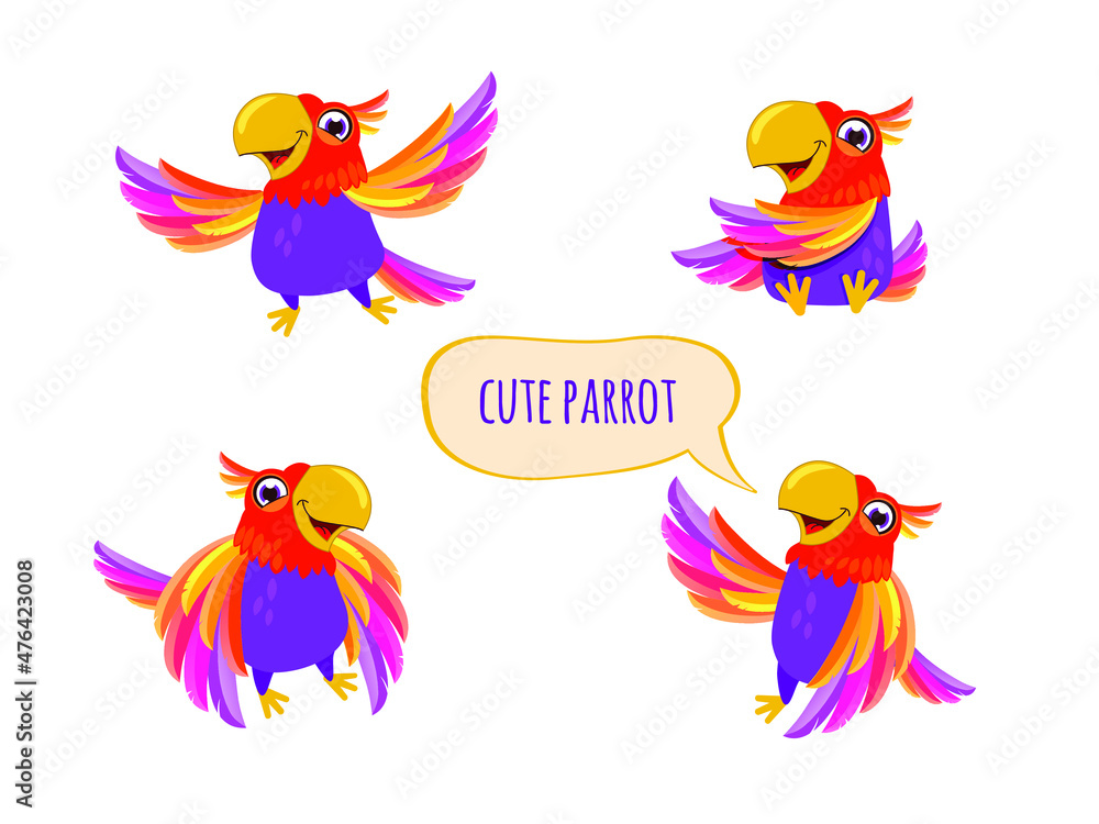 Cartoon parrot character. Cute feathered bird with colored wings, funny exotic parrot, various action poses, vector clip art isolated. Parrot animal exotic, bird tropical cartoon illustration Cartoon parrot character. Cute feathered bird with colored wings, funny exotic parrot, various action poses, vector clip art isolated. Parrot animal exotic, bird tropical cartoon illustration