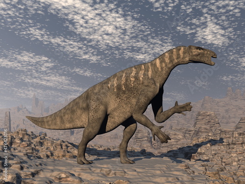 Iguanodon dinosaur in the desert - 3D render photo