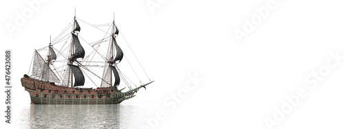 Flying Dutchman ship on the water - 3D render