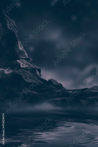 Fantasy night landscape with mountains reflected in the water. Abstract islands, stones on the water. Dark natural scene. Neon space planet. 3D illustration. 
