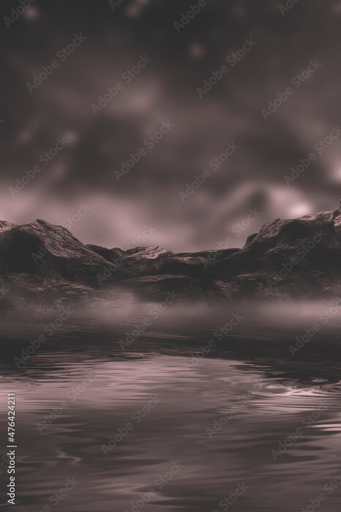 Fantasy night landscape with mountains reflected in the water. Abstract islands, stones on the water. Dark natural scene. Neon space planet. 3D illustration. 