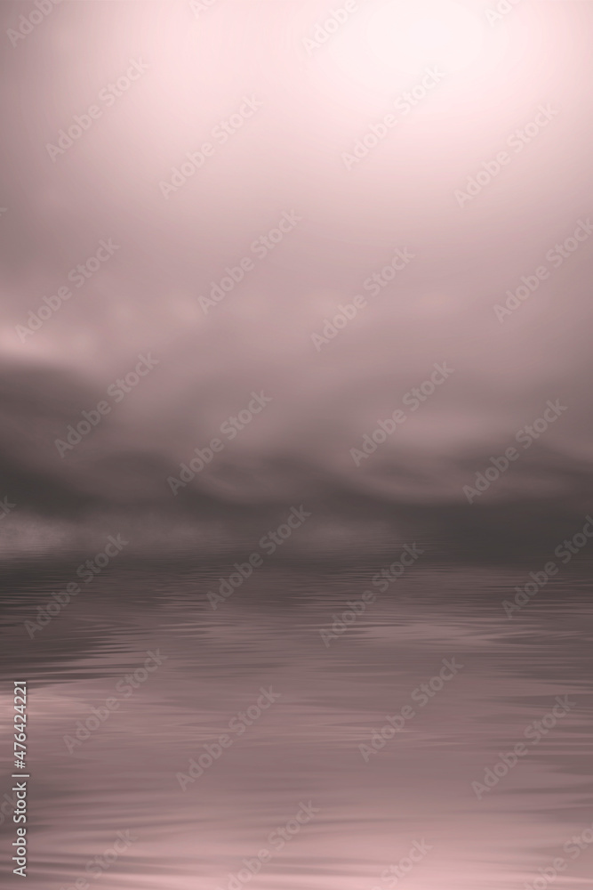 Obraz premium Fantasy night landscape with mountains reflected in the water. Abstract islands, stones on the water. Dark natural scene. Neon space planet. 3D illustration. 