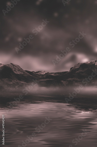 Fantasy night landscape with mountains reflected in the water. Abstract islands, stones on the water. Dark natural scene. Neon space planet. 3D illustration. 