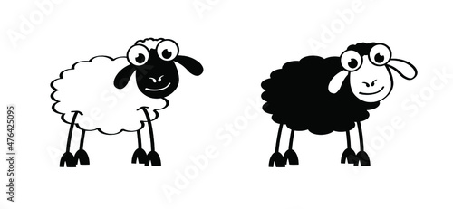 Cartoon, comic cute black and white sheep stickman. sheep icon. Drawing black sheep lamb sign or pictogram. Stick figure character. Happy animal face. Vector