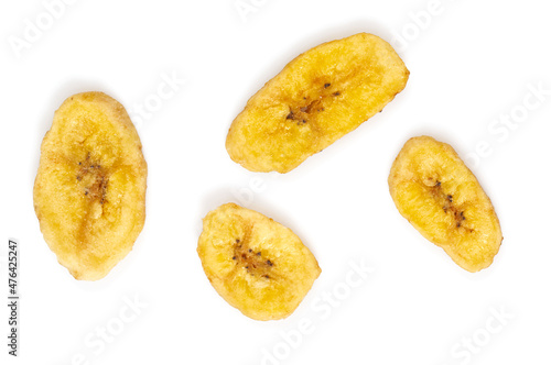 Banana chips isolated on white background. Healthy alternative snack.