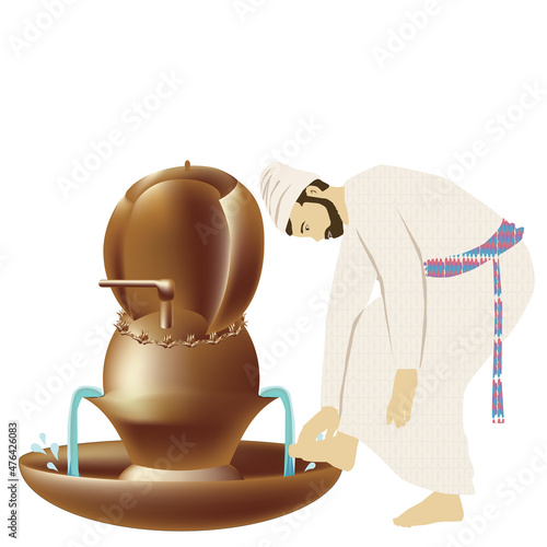 Sanctification of a Priest before Service A painting of a figure dressed in traditional priestly clothes. Washes hands and feet in a special antique sink from the Jewish Temple in Jerusalem. vector