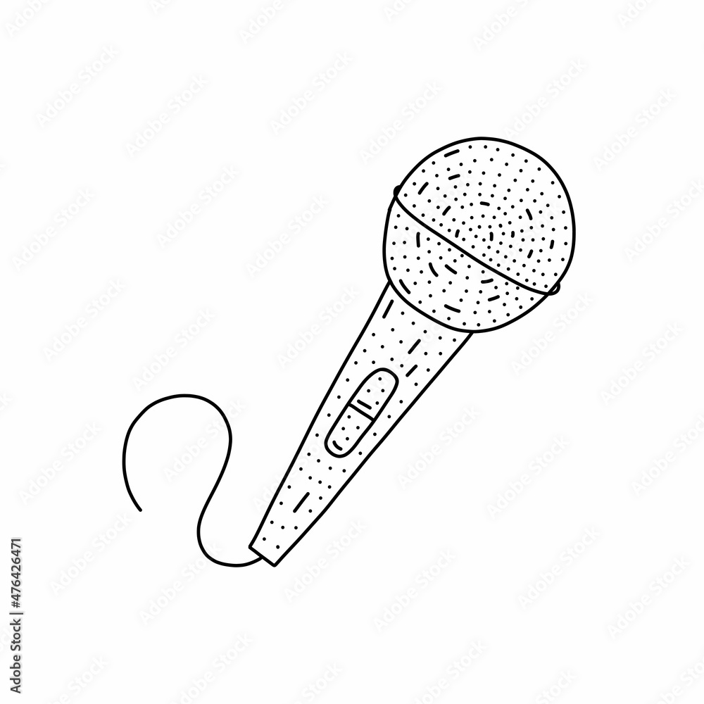 Hand drawn Microphone icon in doodle style. Cartoon microphone vector icon for web design isolated on white background.