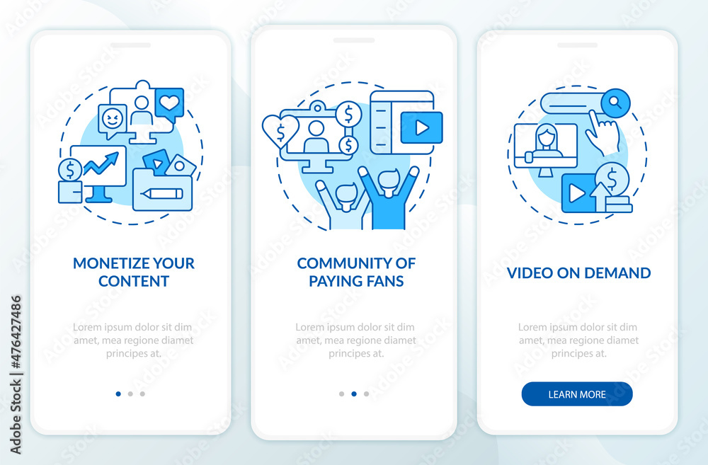 How to earn money from subscription blue onboarding mobile app screen. Walkthrough 3 steps graphic instructions pages with linear concepts. UI, UX, GUI template. Myriad Pro-Bold, Regular fonts used How to earn money from subscription blue onboarding mobile app screen. Walkthrough 3 steps graphic instructions pages with linear concepts. UI, UX, GUI template. Myriad Pro-Bold, Regular fonts used