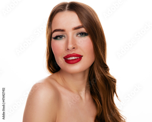 Beauty woman face healthy skin natural make up with manicure hands nails young beautiful model with long, shiny wavy hair, cosmetic concept. Studio shot isolated over white background