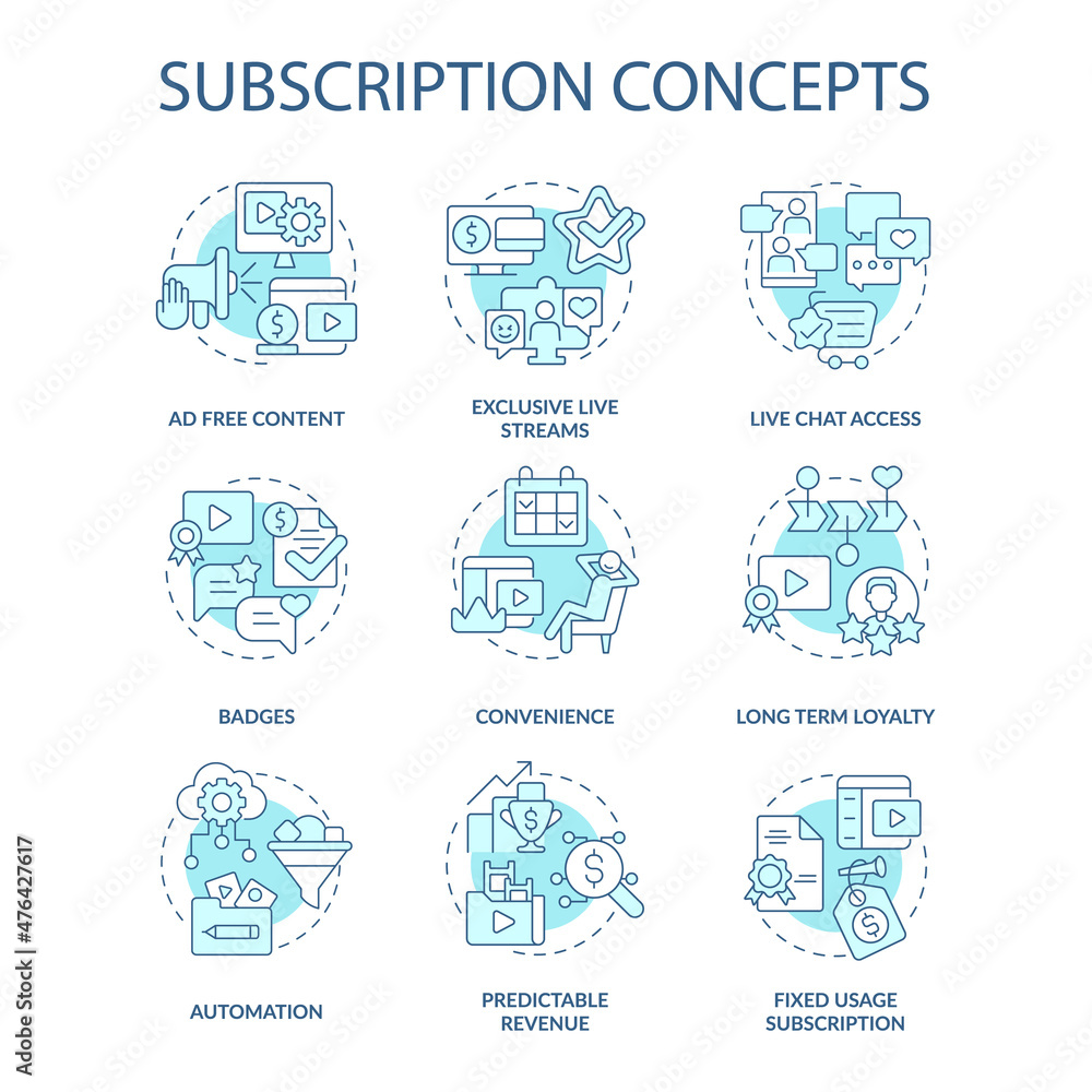 Subscription blue concept icons set. Premium account. Business model idea thin line color illustrations. Isolated outline drawings. Editable stroke. Roboto-Medium, Myriad Pro-Bold fonts used