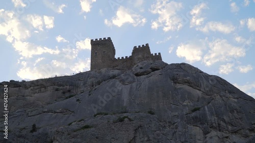 The Republic of Crimea. the city of Sudak. July 20, 2021. View of the ancient Genoese fortress from the Black Sea from the Sudak Bay.