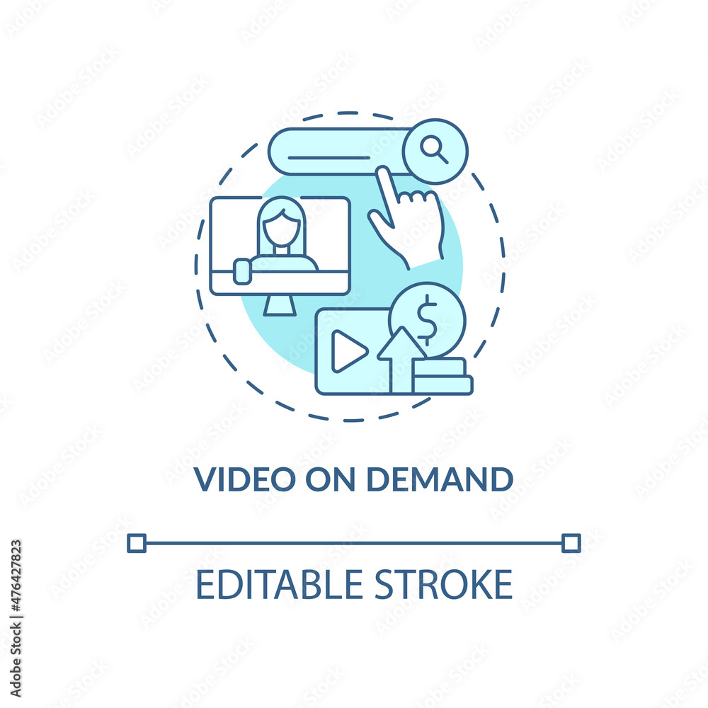 Video on demand blue concept icon. Earn money from subscription abstract idea thin line illustration. Isolated outline drawing. Editable stroke. Roboto-Medium, Myriad Pro-Bold fonts used Video on demand blue concept icon. Earn money from subscription abstract idea thin line illustration. Isolated outline drawing. Editable stroke. Roboto-Medium, Myriad Pro-Bold fonts used