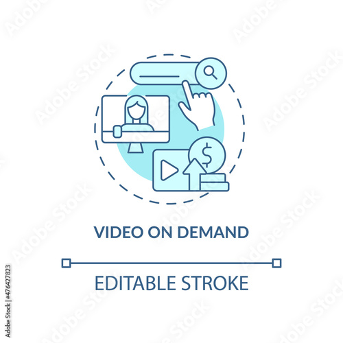 Video on demand blue concept icon. Earn money from subscription abstract idea thin line illustration. Isolated outline drawing. Editable stroke. Roboto-Medium, Myriad Pro-Bold fonts used
