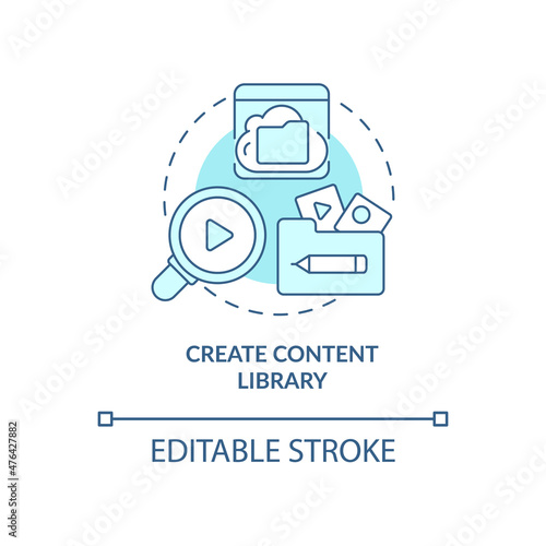 Create content library blue concept icon. Subscription model. Video on demand abstract idea thin line illustration. Isolated outline drawing. Editable stroke. Roboto-Medium, Myriad Pro-Bold fonts used