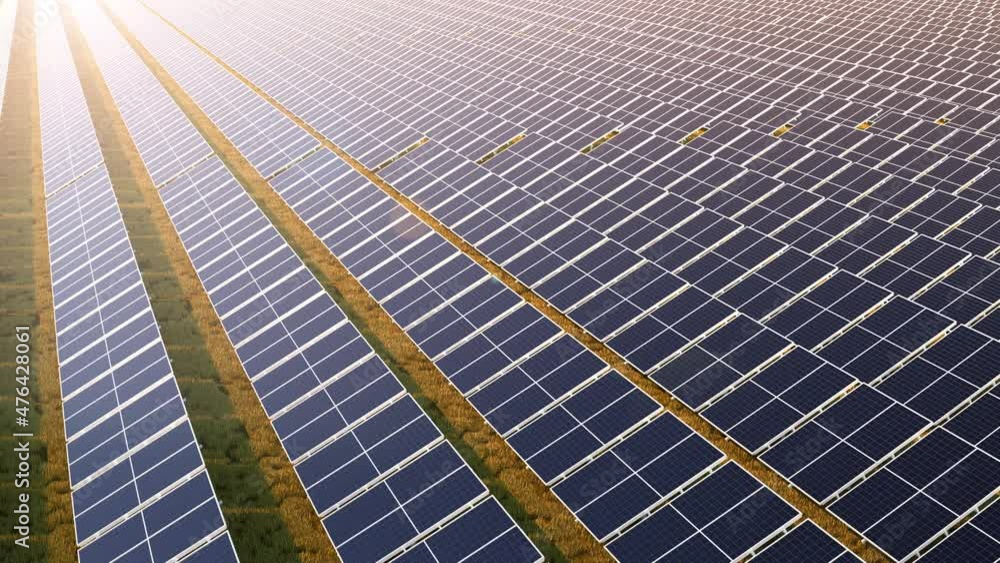 Solar panels, clear green energy. Electricity producing farm. Electrical technology innovations. Alternative energy sources. Sun light, daytime. Ecology, nature protection concept. 3D Render, 4K clip Solar panels, clear green energy. Electricity producing farm. Electrical technology innovations. Alternative energy sources. Sun light, daytime. Ecology, nature protection concept. 3D Render, 4K clip