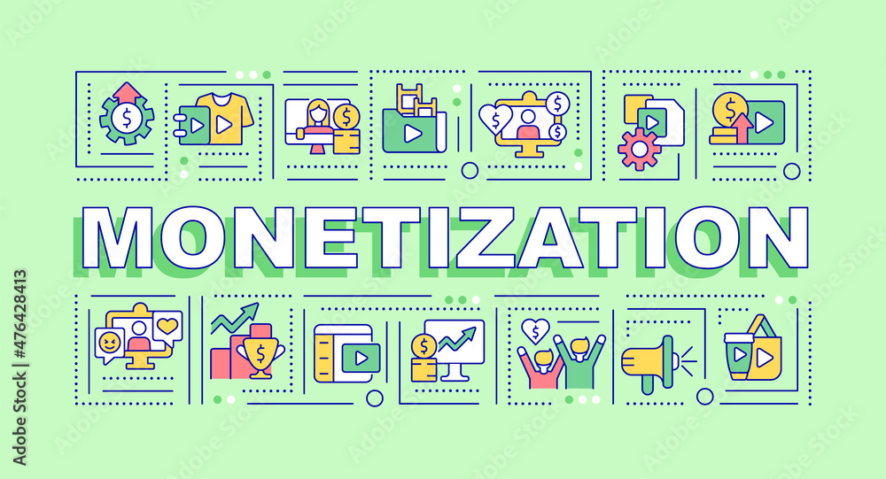 Content monetization word concepts green banner. Earn money from content. Infographics with linear icons on background. Isolated typography. Vector color illustration with text. Arial-Black font used