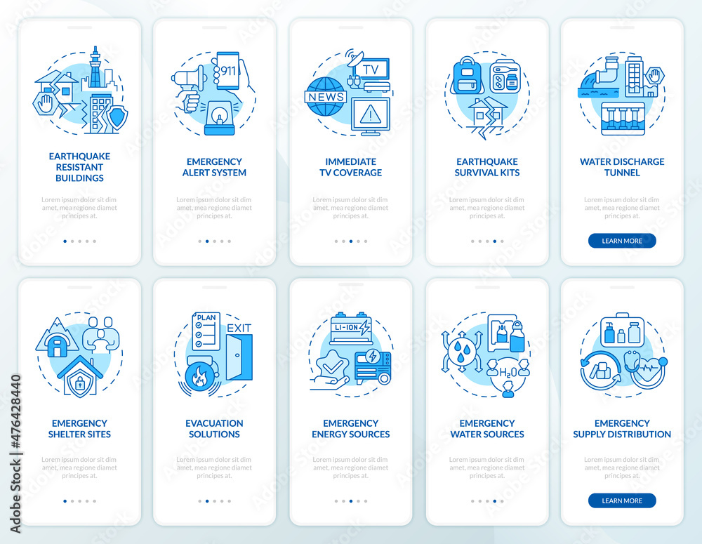 Disaster mitigation blue onboarding mobile app screen set. Earthquake walkthrough 5 steps graphic instructions pages with linear concepts. UI, UX, GUI template. Myriad Pro-Bold, Regular fonts used