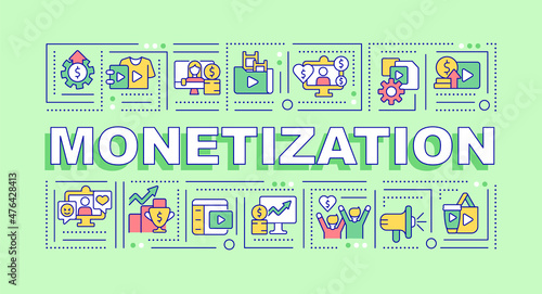 Content monetization word concepts green banner. Earn money from content. Infographics with linear icons on background. Isolated typography. Vector color illustration with text. Arial-Black font used