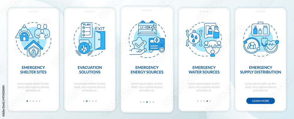 Emergency plan includes blue onboarding mobile app screen. Supply walkthrough 5 steps graphic instructions pages with linear concepts. UI, UX, GUI template. Myriad Pro-Bold, Regular fonts used