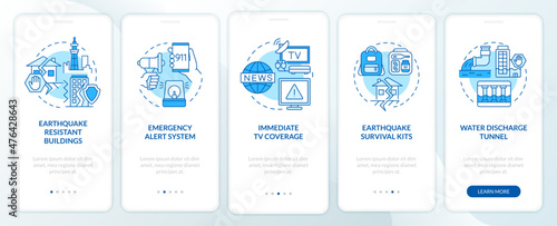 Earthquake mitigation blue onboarding mobile app screen. Japan walkthrough 5 steps graphic instructions pages with linear concepts. UI, UX, GUI template. Myriad Pro-Bold, Regular fonts used