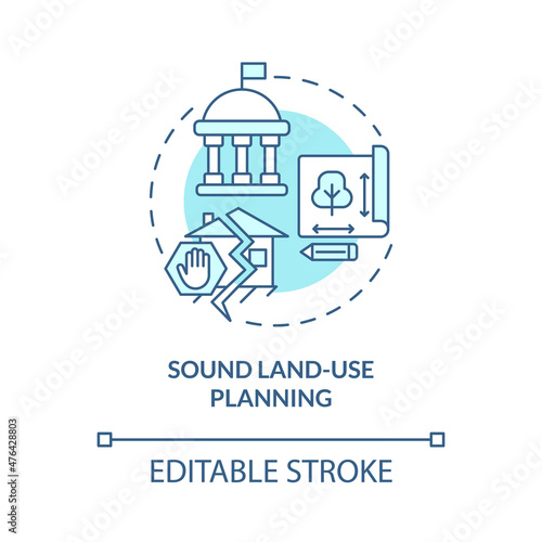 Sound land use planning turquoise concept icon. Disaster protection abstract idea thin line illustration. Isolated outline drawing. Editable stroke. Roboto-Medium, Myriad Pro-Bold fonts used