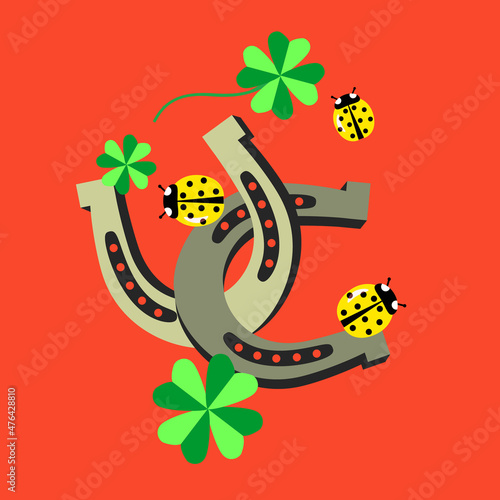 Vector - Good luck symbols, ladybugs. horse shoes and clover leaves.