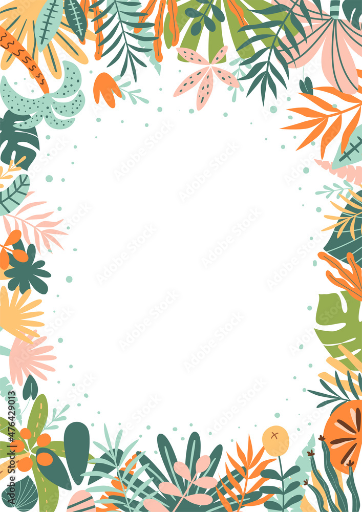 Jungle frame. Tropical leaves, palm leaves, frame nature background. Bright rainforest card. Cute jungle birthday invitation. Safari frame. Vector illustration. Summer foliage of tropical plants trees Jungle frame. Tropical leaves, palm leaves, frame nature background. Bright rainforest card. Cute jungle birthday invitation. Safari frame. Vector illustration. Summer foliage of tropical plants trees