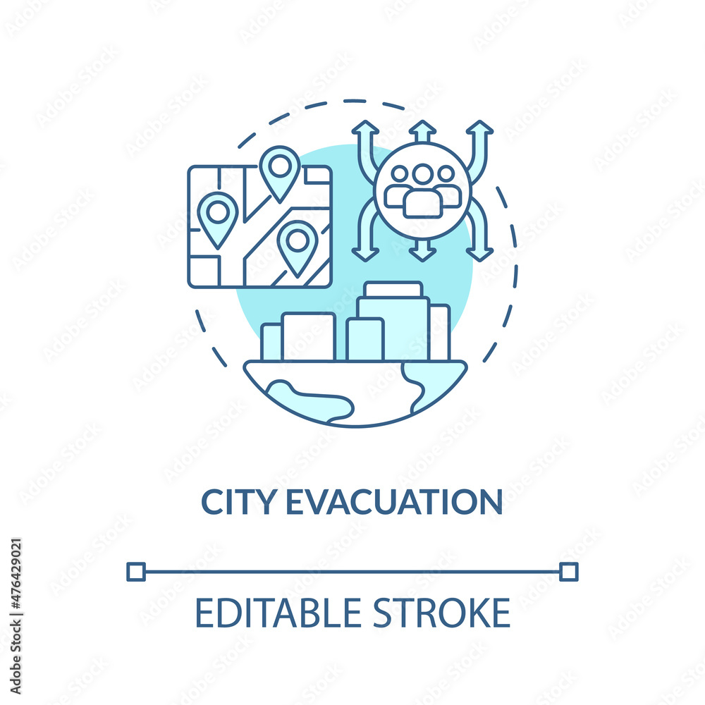 City evacuation turquoise concept icon. Emergency situation solutions abstract idea thin line illustration. Isolated outline drawing. Editable stroke. Roboto-Medium, Myriad Pro-Bold fonts used