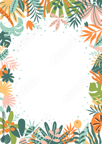Jungle frame. Tropical leaves, palm leaves, frame nature background. Bright rainforest card. Cute jungle birthday invitation. Safari frame. Vector illustration. Summer foliage of tropical plants trees