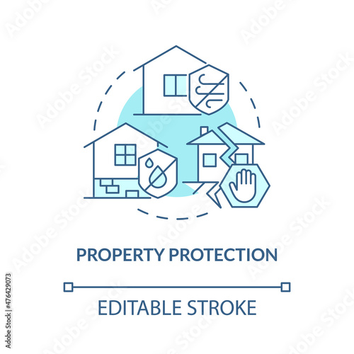 Property protection turquoise concept icon. Disaster threat reduction abstract idea thin line illustration. Isolated outline drawing. Editable stroke. Roboto-Medium, Myriad Pro-Bold fonts used
