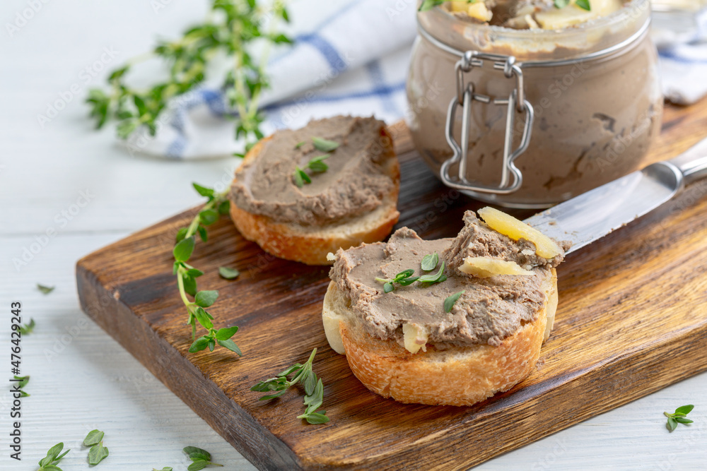 Homemade pate on baguette slices. Homemade pate on baguette slices.