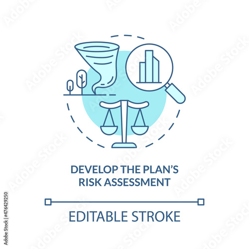 Develop plan risk assessment turquoise concept icon. Strategy to analyze abstract idea thin line illustration. Isolated outline drawing. Editable stroke. Roboto-Medium, Myriad Pro-Bold fonts used