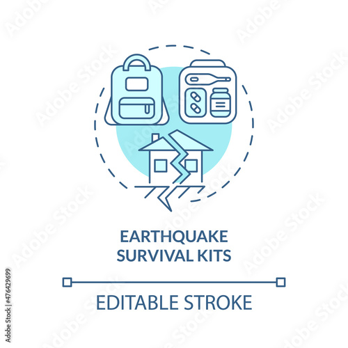 Earthquake survival kits turquoise concept icon. Essential objects abstract idea thin line illustration. Isolated outline drawing. Editable stroke. Roboto-Medium, Myriad Pro-Bold fonts used