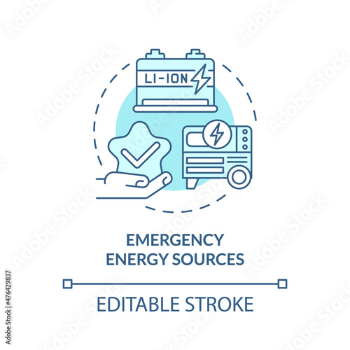 Emergency energy sources turquoise concept icon. Power cells abstract idea thin line illustration. Isolated outline drawing. Editable stroke. Roboto-Medium, Myriad Pro-Bold fonts used