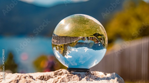 Crystal ball alpine summer landscape shot at the famous Eibsee lake near Garmisch-Partenkirchen, Bavaria, Germany